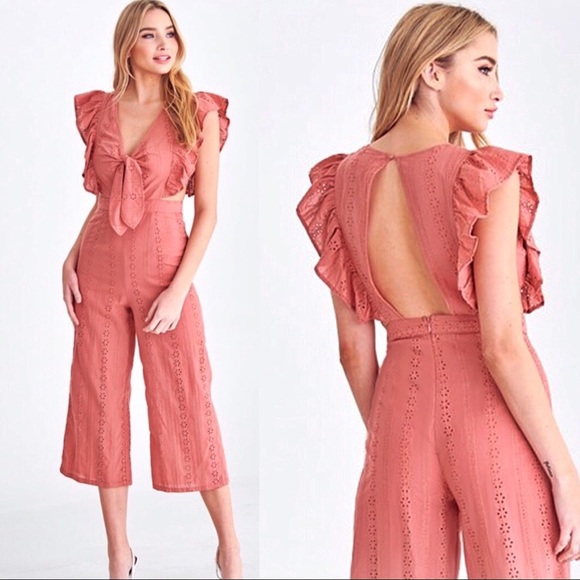 NEW! Ruffle Sleeve Open Back Cropped Jumpsuit - Picture 3 of 6